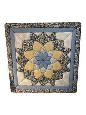 Handmade Quilted Floral Wall Art With Blue & Yellow Petals Fabric Framed